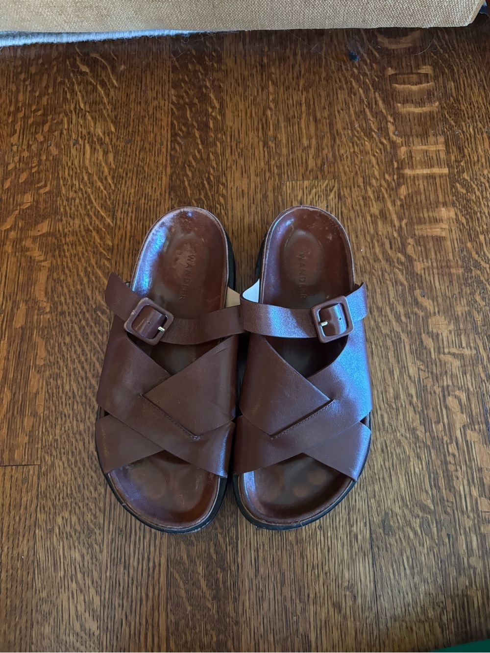 Wandler Brown Leather Cross-Strap Slide Sandals
